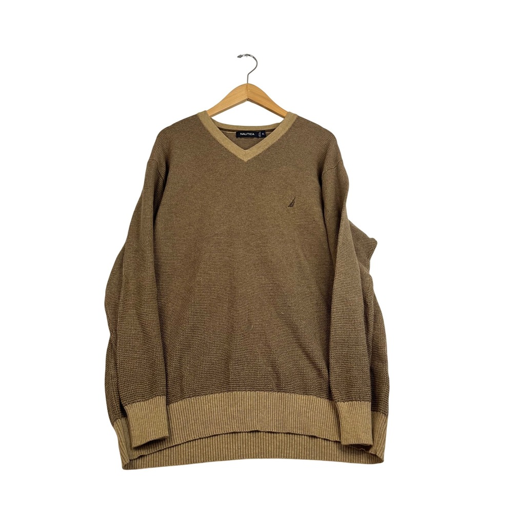 Nautica Mens XL Brown V-Neck Cotton Textured Knit Long Sleeve Sweater